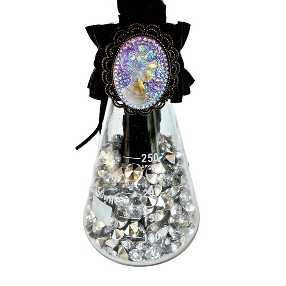Iridescent Cameo Adorned Science Beaker Dark Ruffles Vase w/ Filler - Picture 9 of 13